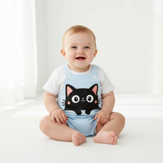 IURNXB Summer Infant Cartoon Black Cat Printed Unisex Romper with Suspenders (0-18M)