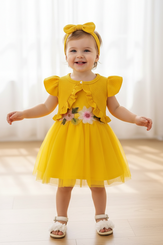 Infant Summer Floral Vest Mesh Dress Jacket Set with Hair Accessories