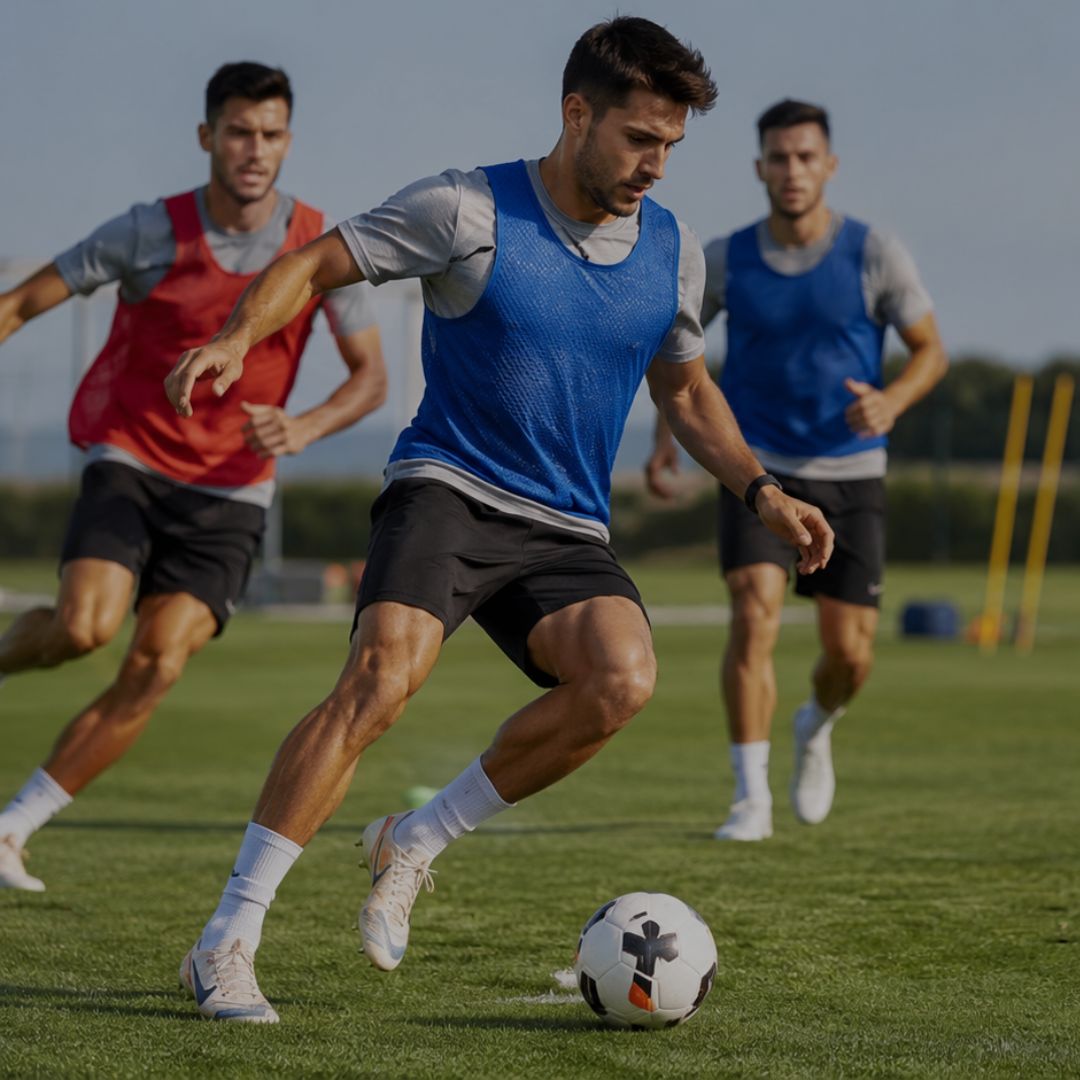 Soccer players in action on a field with a focus on a player in a blue jersey kicking a ball.