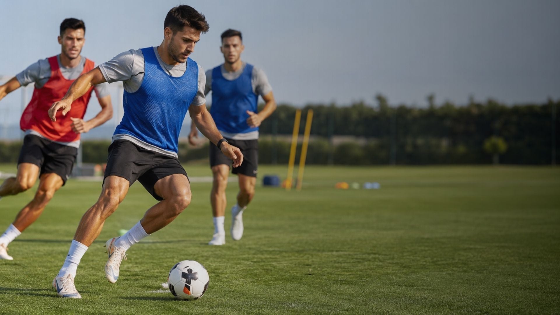 Three soccer players practicing on a field with a ball.