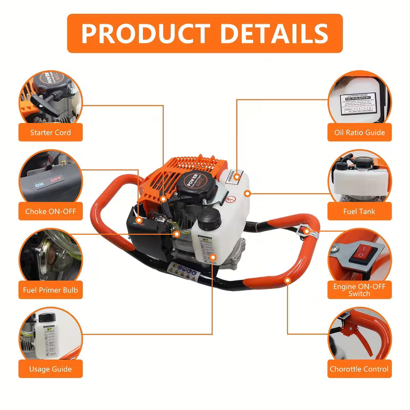 62cc Gas Powered Post Hole Digger with 2 Bits
