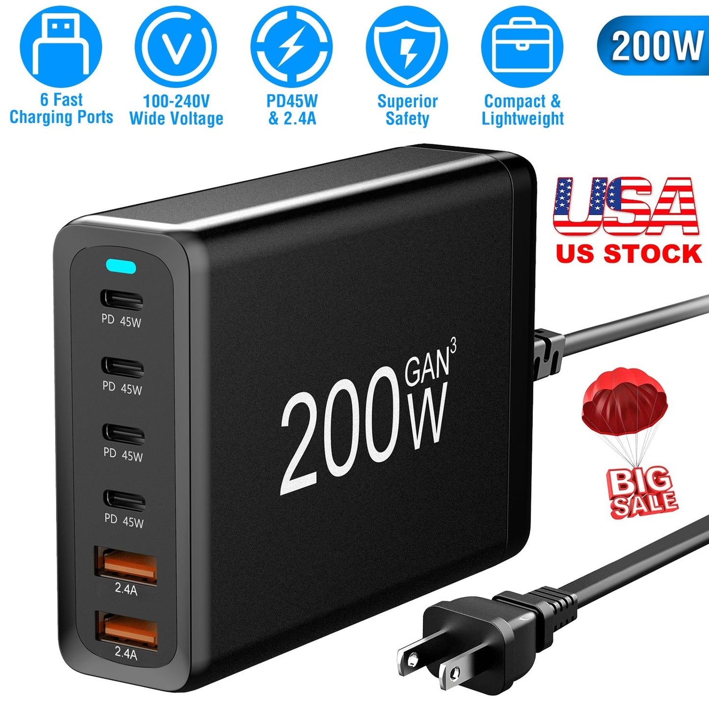 200W GaN Desktop Charger for Laptops and Phones