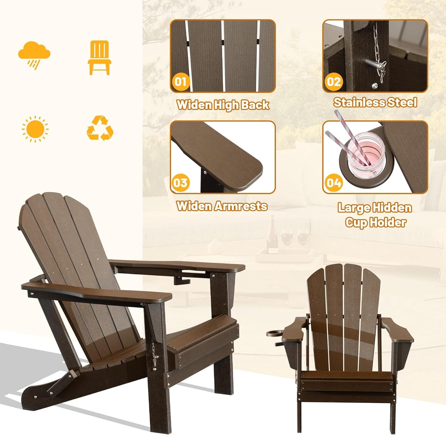 Folding HDPE Adirondack Chair with Built-In Cup Holder