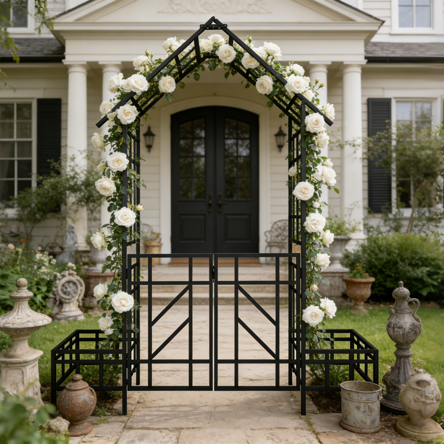 Metal Garden Arch with Gate and Planter