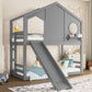 Twin House Bunk Bed with Slide and Storage Shelves