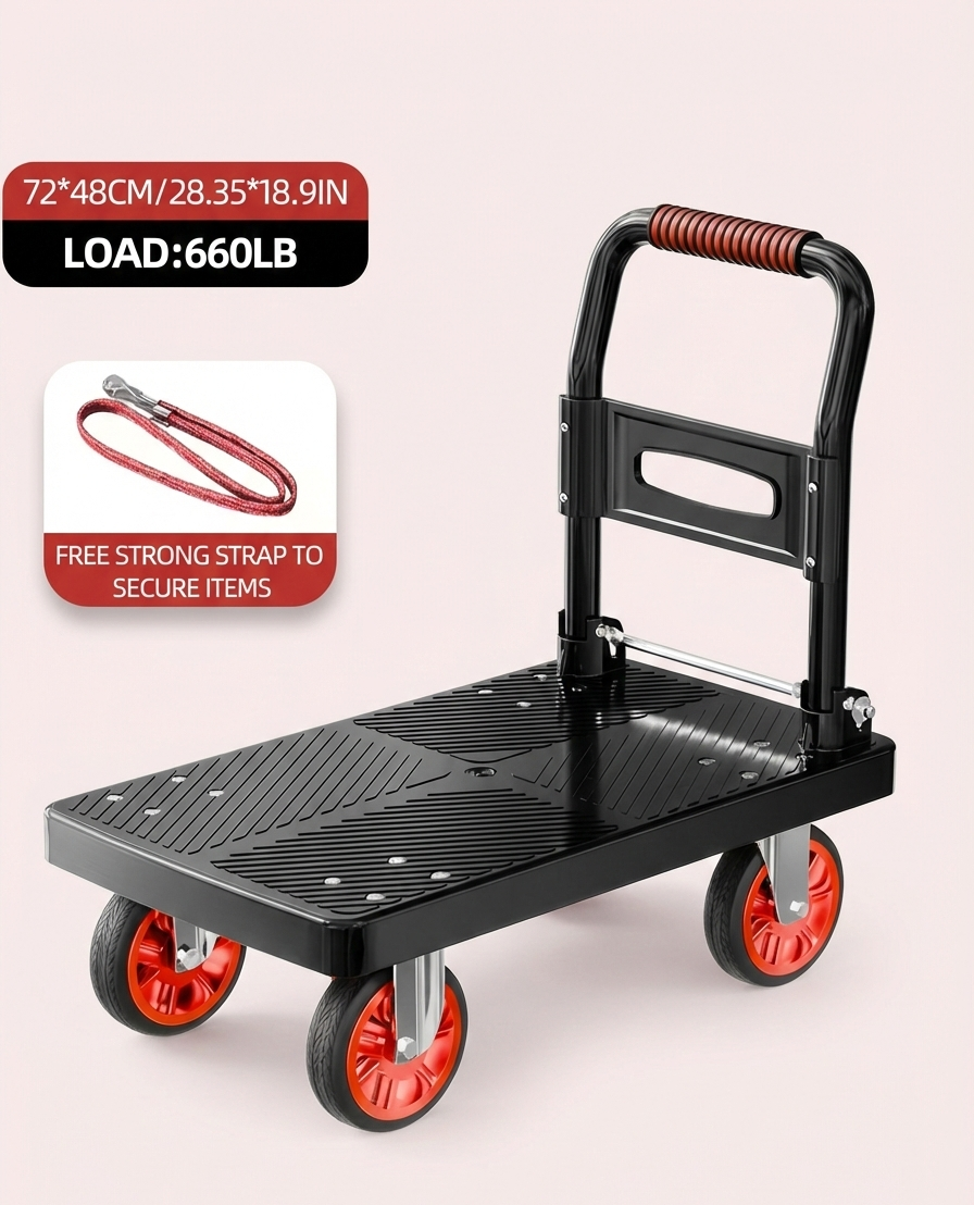 Heavy Duty Folding Platform Cart-350/660/820 lb-Flatbed Hand Truck with Strap