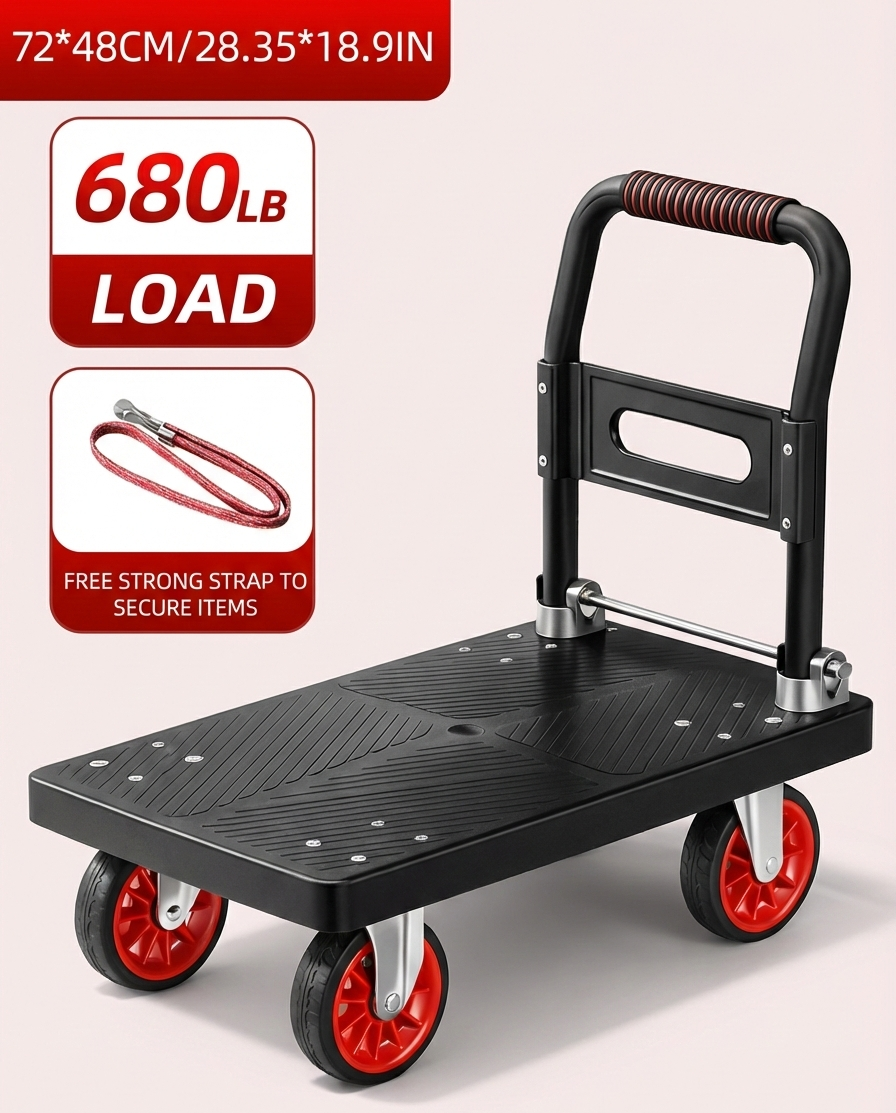 Heavy Duty Folding Platform Cart-350/660/820 lb-Flatbed Hand Truck with Strap