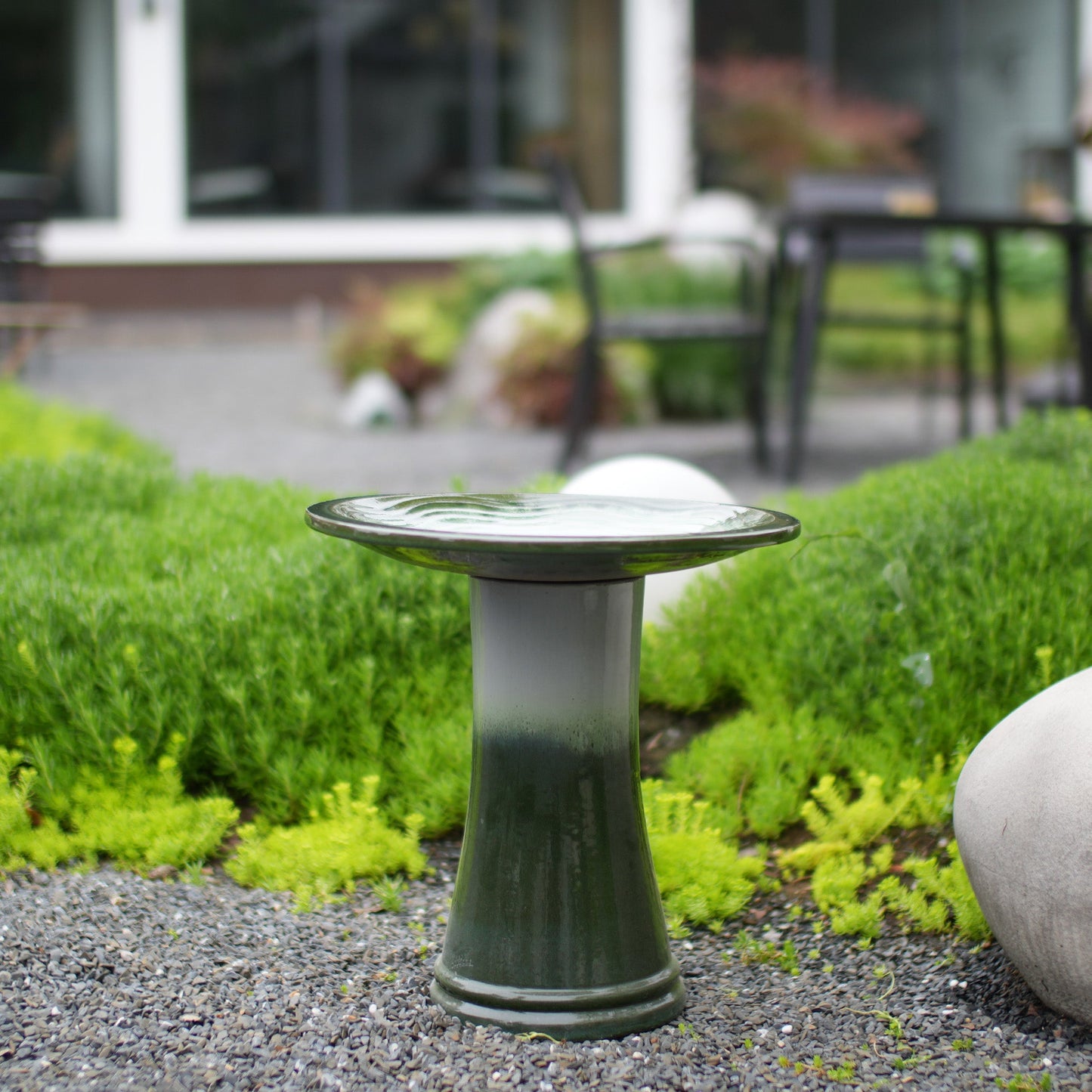 Handmade Glazed Ceramic Bird Bath, 17" Concentric Ripple Embossed Tray & 18" Pedestal Base