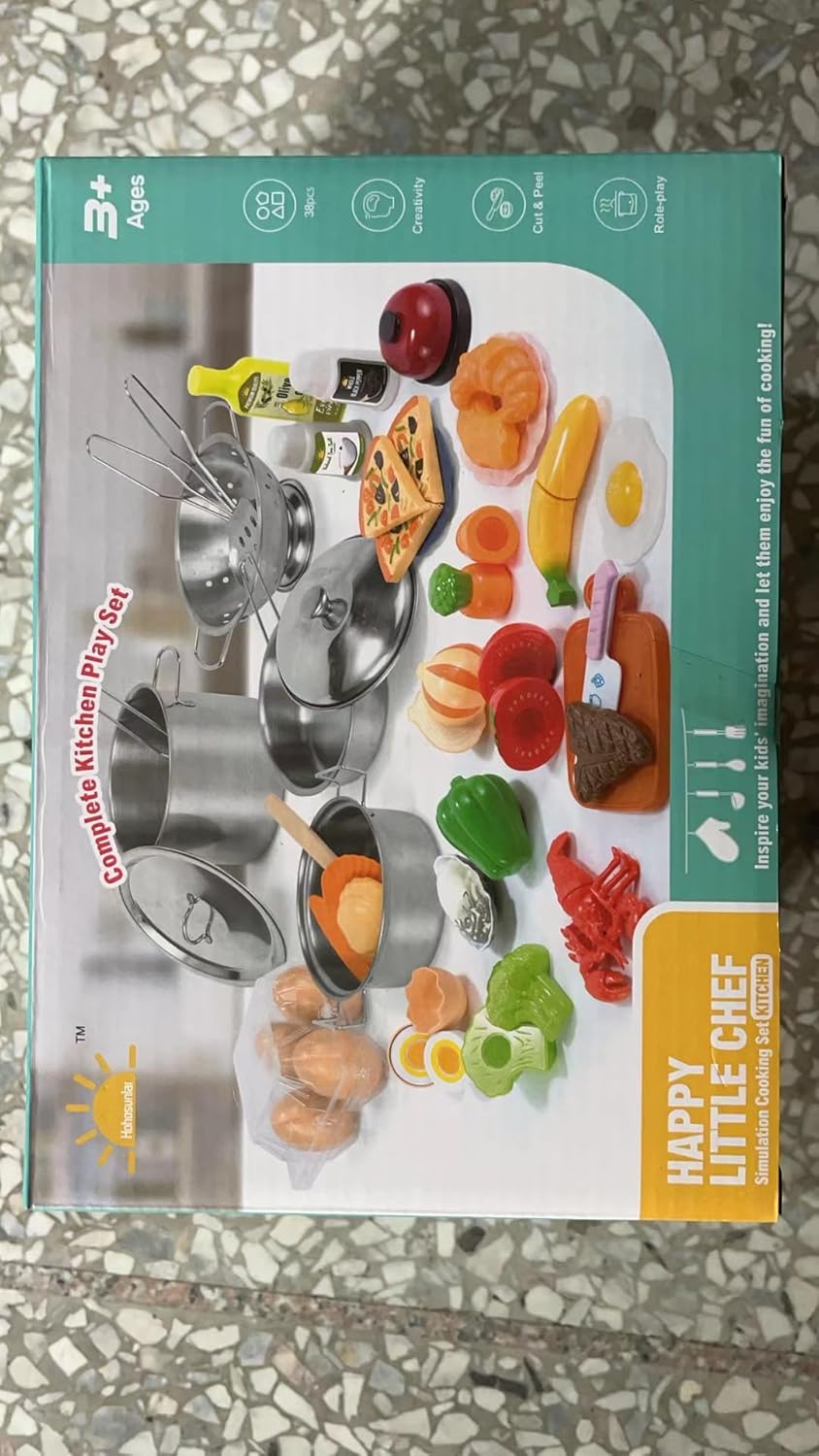 Kids Kitchen Playset - 38Pcs Stainless Steel Pots Pans Cooking Toys with Play Food Set