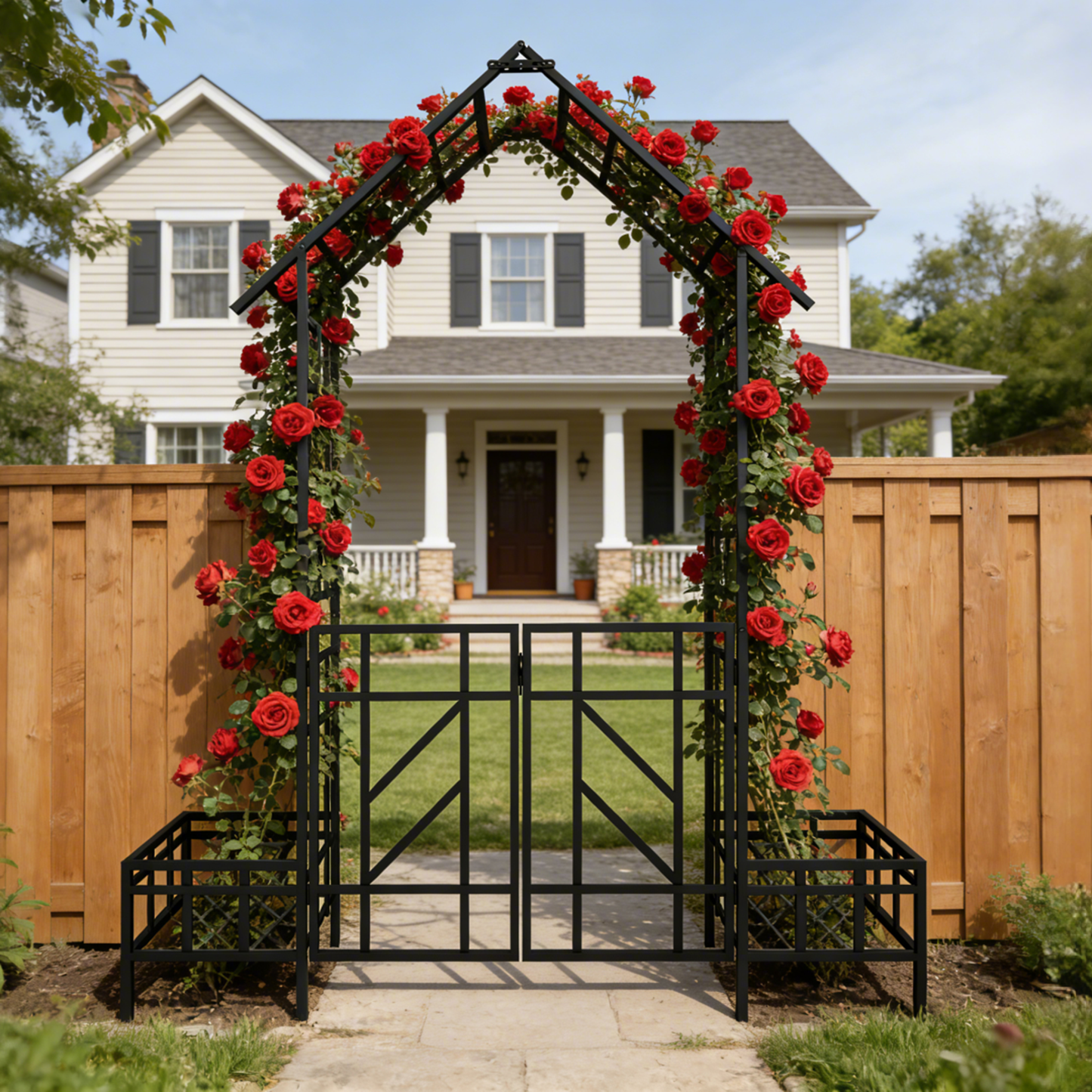 Metal Garden Arch with Gate and Planter