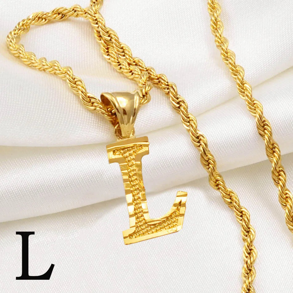 Anniyo A-Z Letters Necklaces Women Men Gold Plated Initial Pendant Rope Chain English Letter Jewelry Alphabet African #058002B