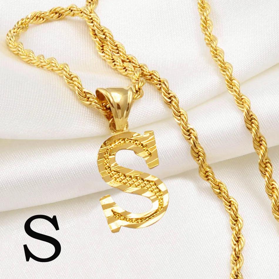 Anniyo A-Z Letters Necklaces Women Men Gold Plated Initial Pendant Rope Chain English Letter Jewelry Alphabet African #058002B