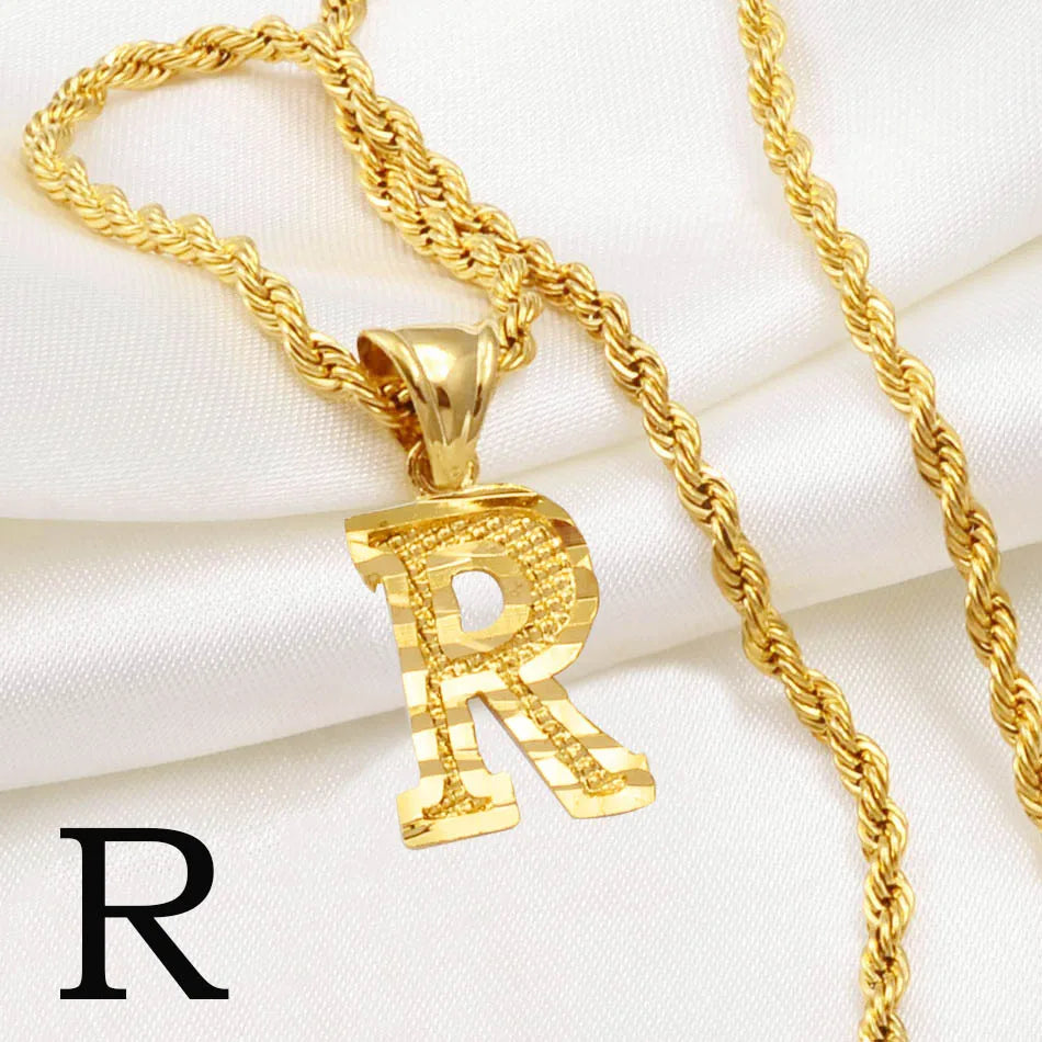 Anniyo A-Z Letters Necklaces Women Men Gold Plated Initial Pendant Rope Chain English Letter Jewelry Alphabet African #058002B