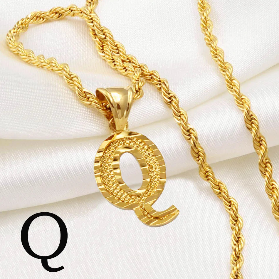 Anniyo A-Z Letters Necklaces Women Men Gold Plated Initial Pendant Rope Chain English Letter Jewelry Alphabet African #058002B
