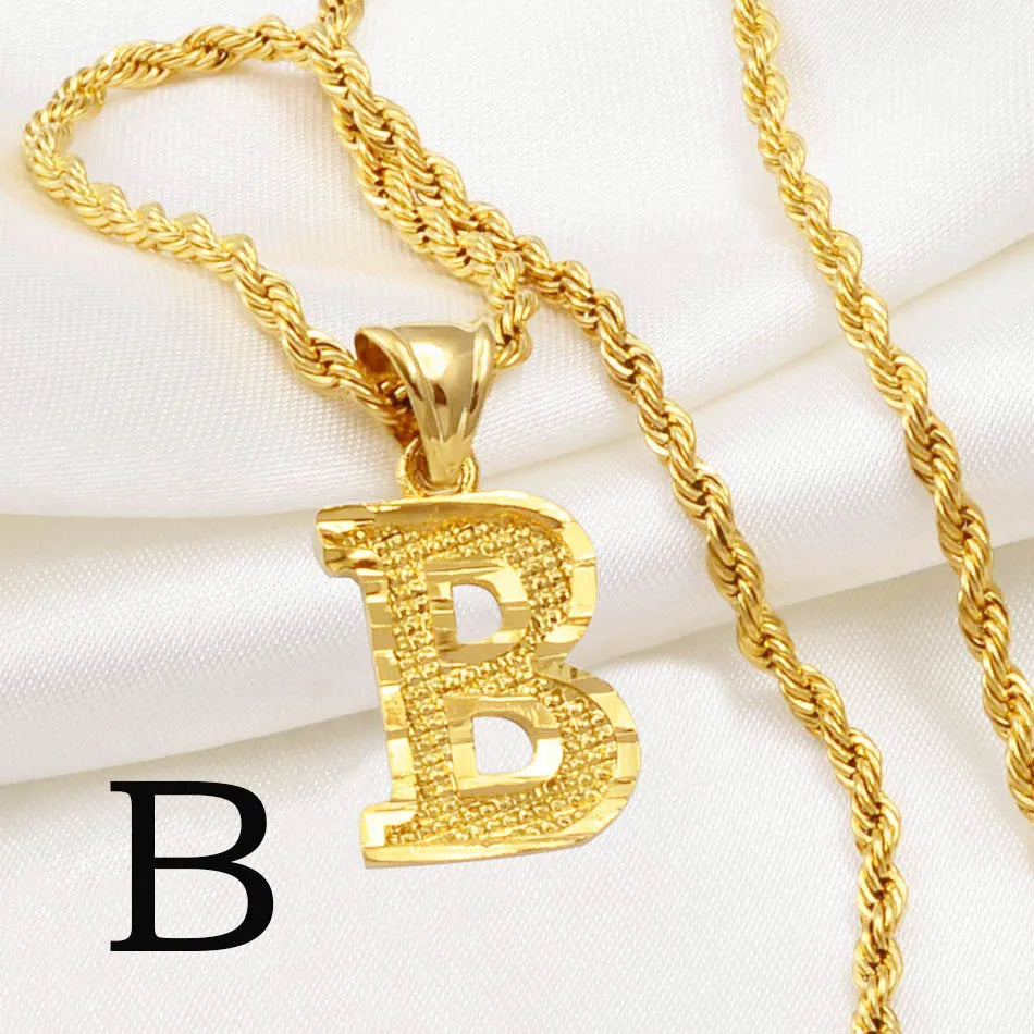 Anniyo A-Z Letters Necklaces Women Men Gold Plated Initial Pendant Rope Chain English Letter Jewelry Alphabet African #058002B