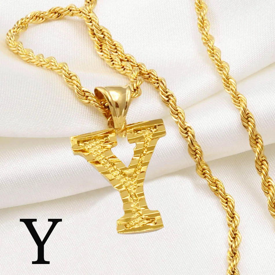Anniyo A-Z Letters Necklaces Women Men Gold Plated Initial Pendant Rope Chain English Letter Jewelry Alphabet African #058002B