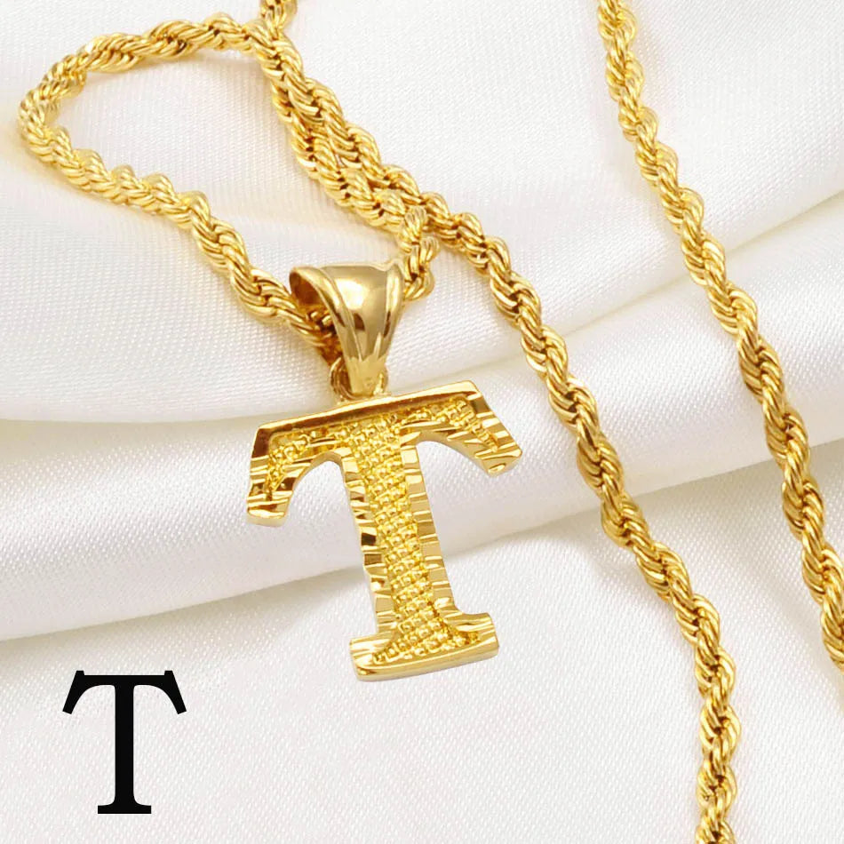Anniyo A-Z Letters Necklaces Women Men Gold Plated Initial Pendant Rope Chain English Letter Jewelry Alphabet African #058002B