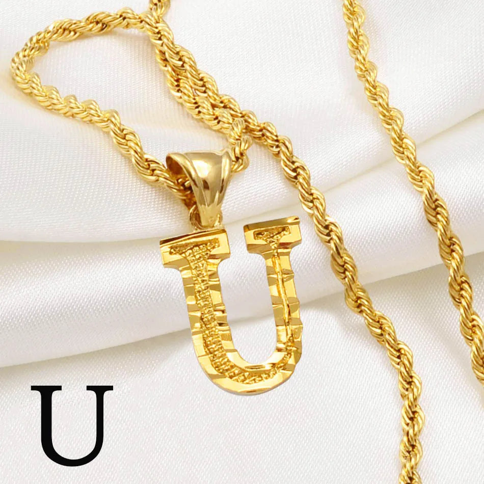 Anniyo A-Z Letters Necklaces Women Men Gold Plated Initial Pendant Rope Chain English Letter Jewelry Alphabet African #058002B