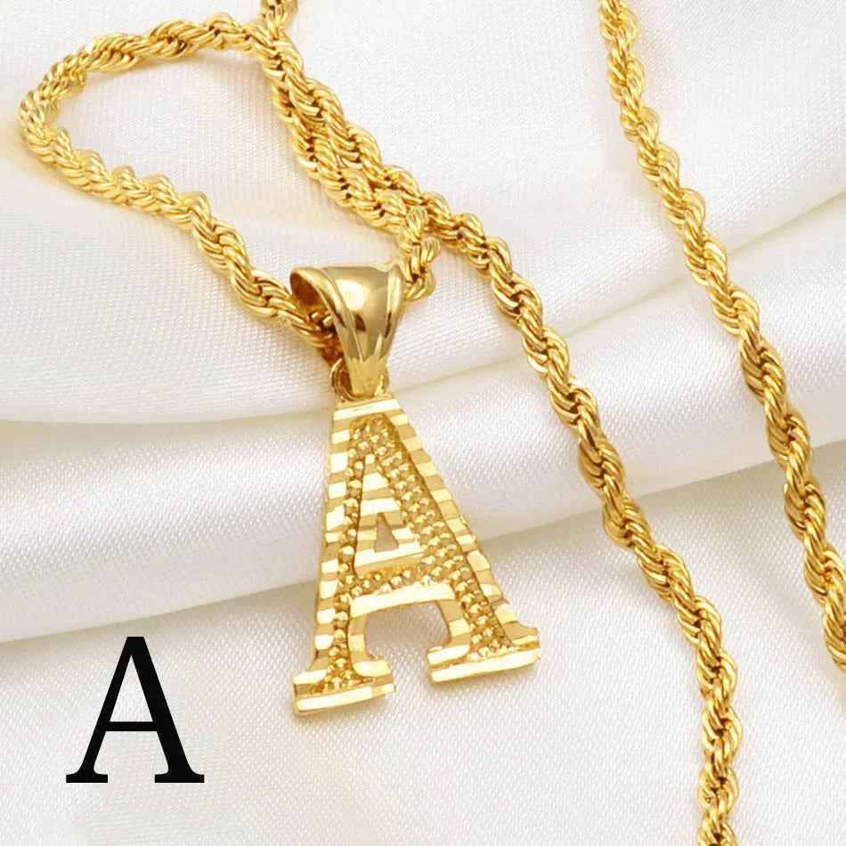 Anniyo A-Z Letters Necklaces Women Men Gold Plated Initial Pendant Rope Chain English Letter Jewelry Alphabet African #058002B