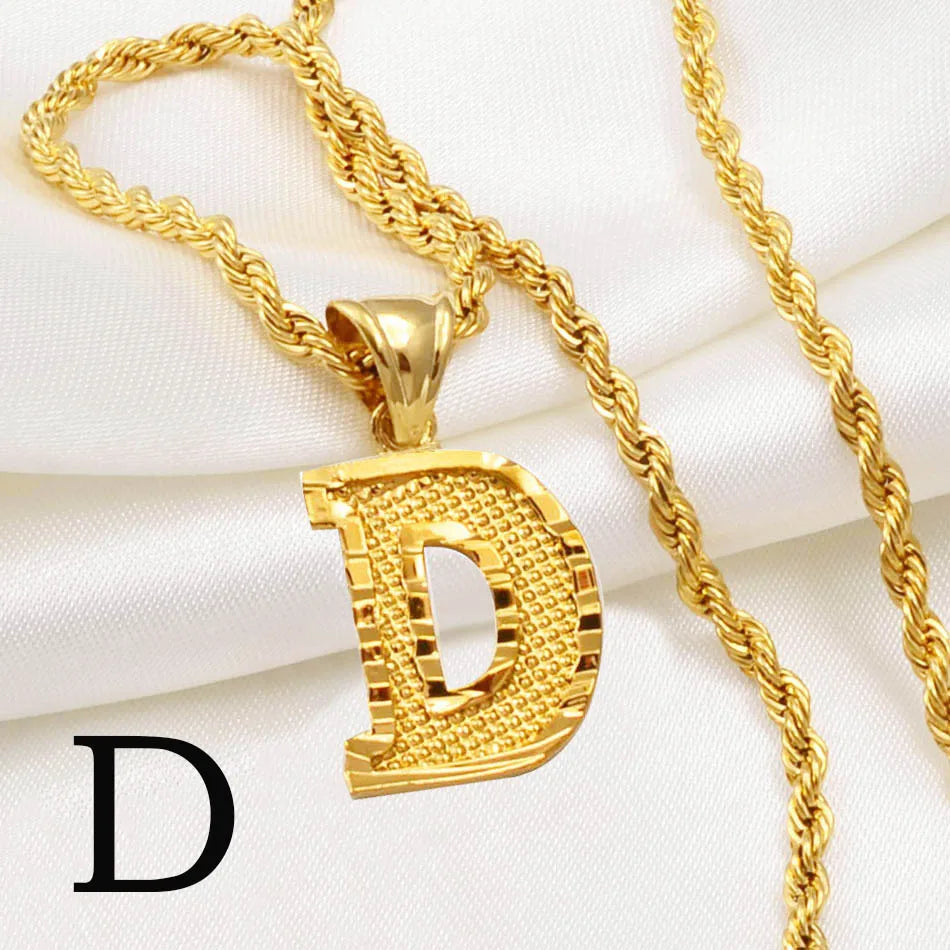 Anniyo A-Z Letters Necklaces Women Men Gold Plated Initial Pendant Rope Chain English Letter Jewelry Alphabet African #058002B