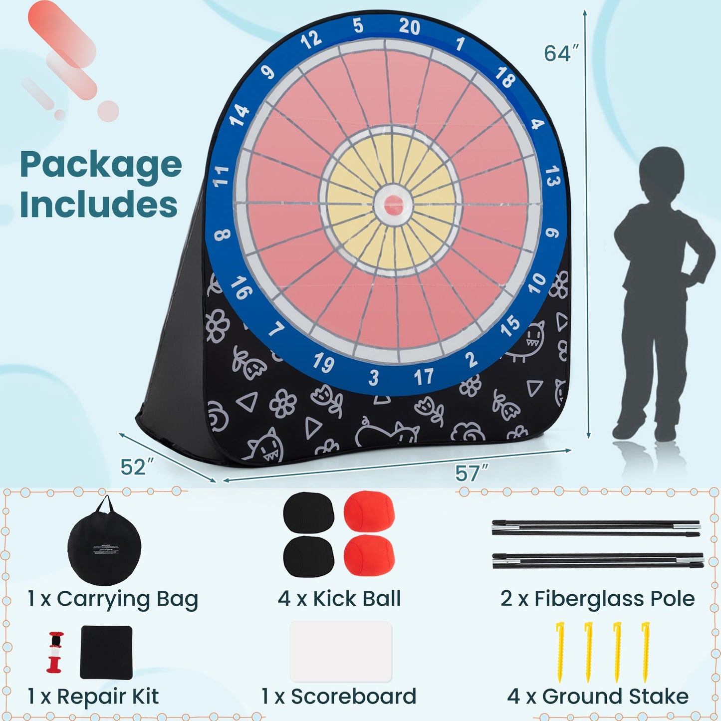 Large Dart Board for Kids with 4 Kick Balls