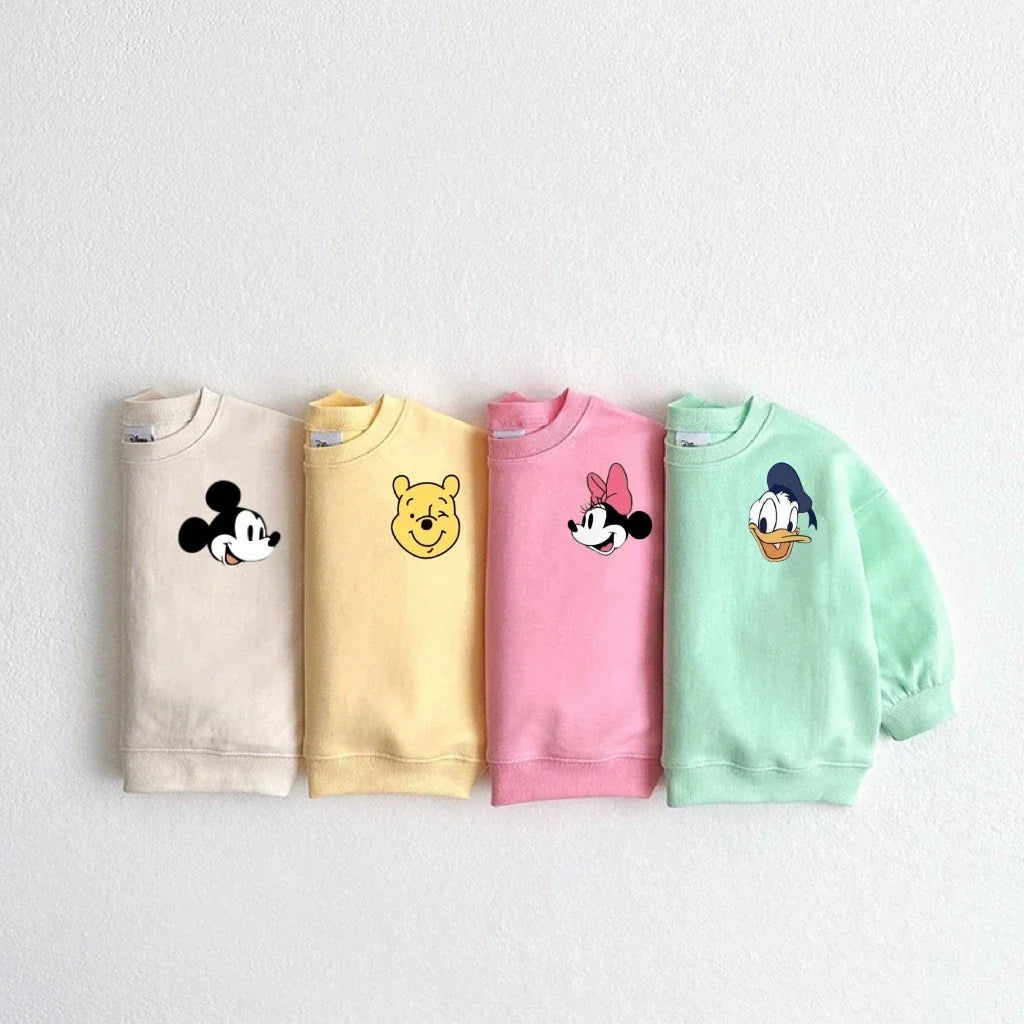 Cartoon Sweatshirts For Boys And Girls Cute Tops Crewneck Pullovers Toddler New Solid Color Hoodie Mickey Minnie Print Clothes