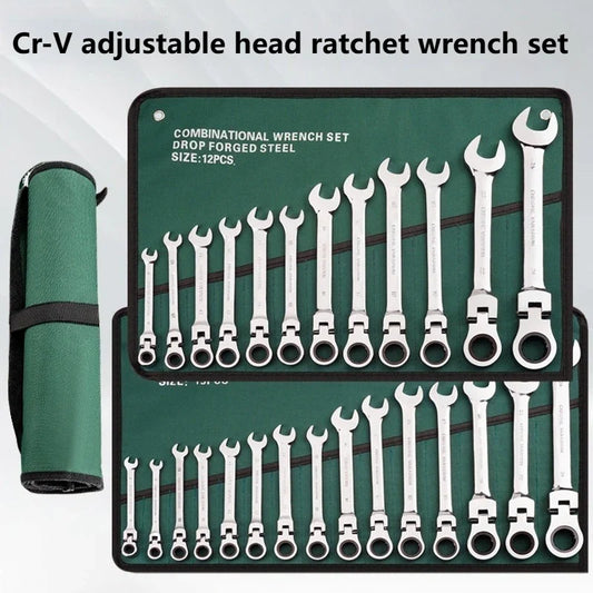 Ratchet Combination Wrench Set 6-32mm Gear Ring Ratcheting Combination Wrench Kit Metric Flexible Head with Canvas Bag Tools Set