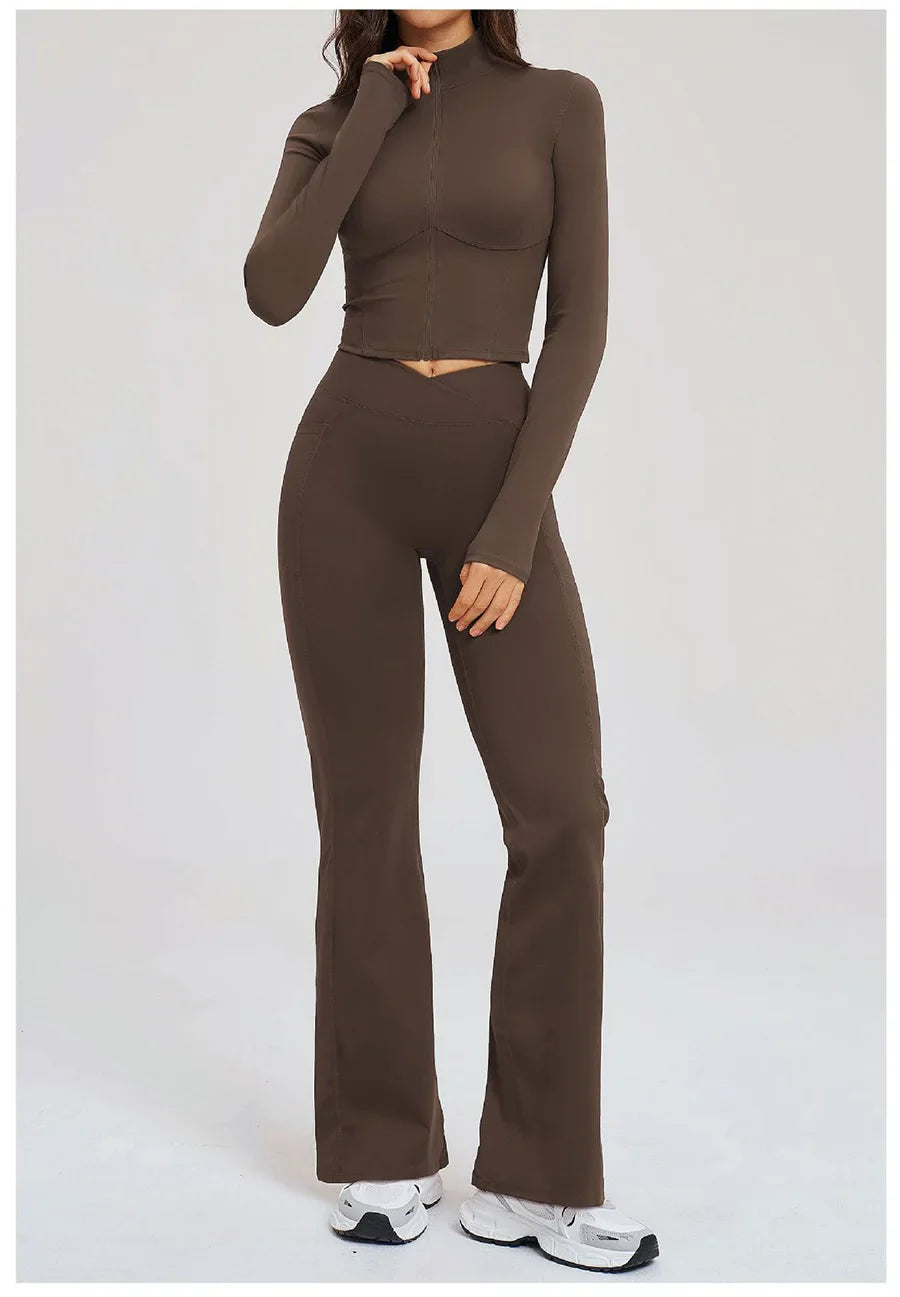 Women's Seamless Yoga Set Long Sleeve Flared Leggings Activewear