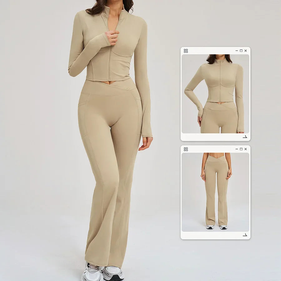 Women's Seamless Yoga Set Long Sleeve Flared Leggings Activewear