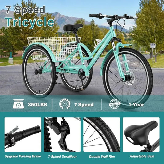 7-Speed Adult Mountain Trike With Front Disc Brake And Suspension