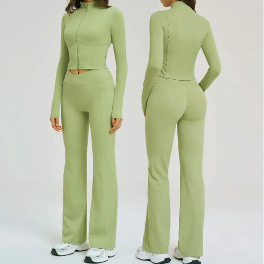 Women's Seamless Yoga Set Long Sleeve Flared Leggings Activewear