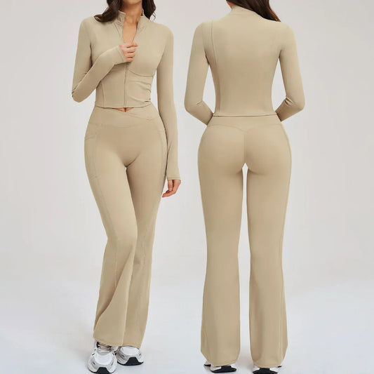 Women's Seamless Yoga Set Long Sleeve Flared Leggings Activewear