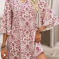 Pink Paisley Print Tiered 3/4 Sleeve Notched Neck Mini Dress