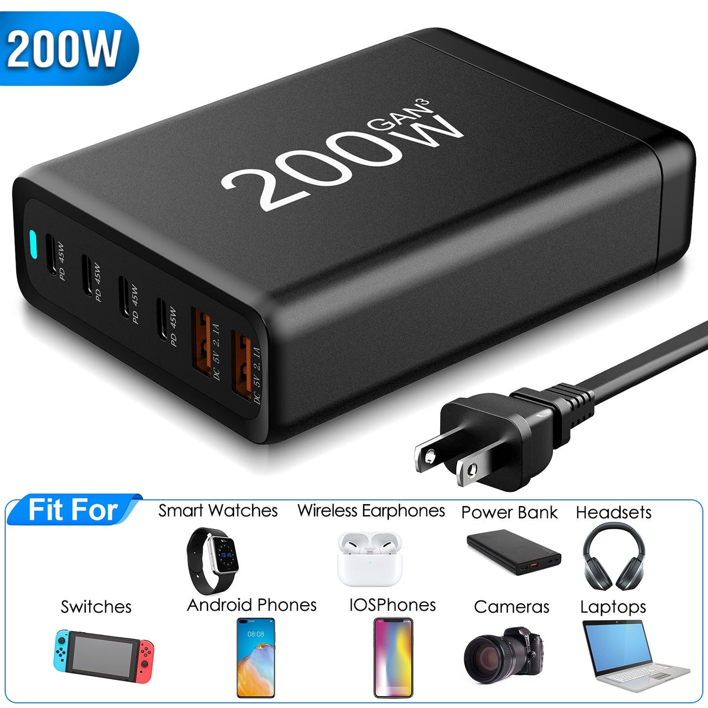 200W GaN Desktop Charger for Laptops and Phones