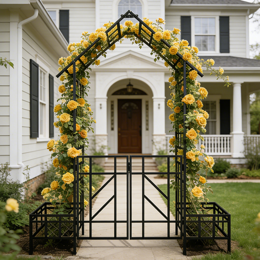 Metal Garden Arch with Gate and Planter