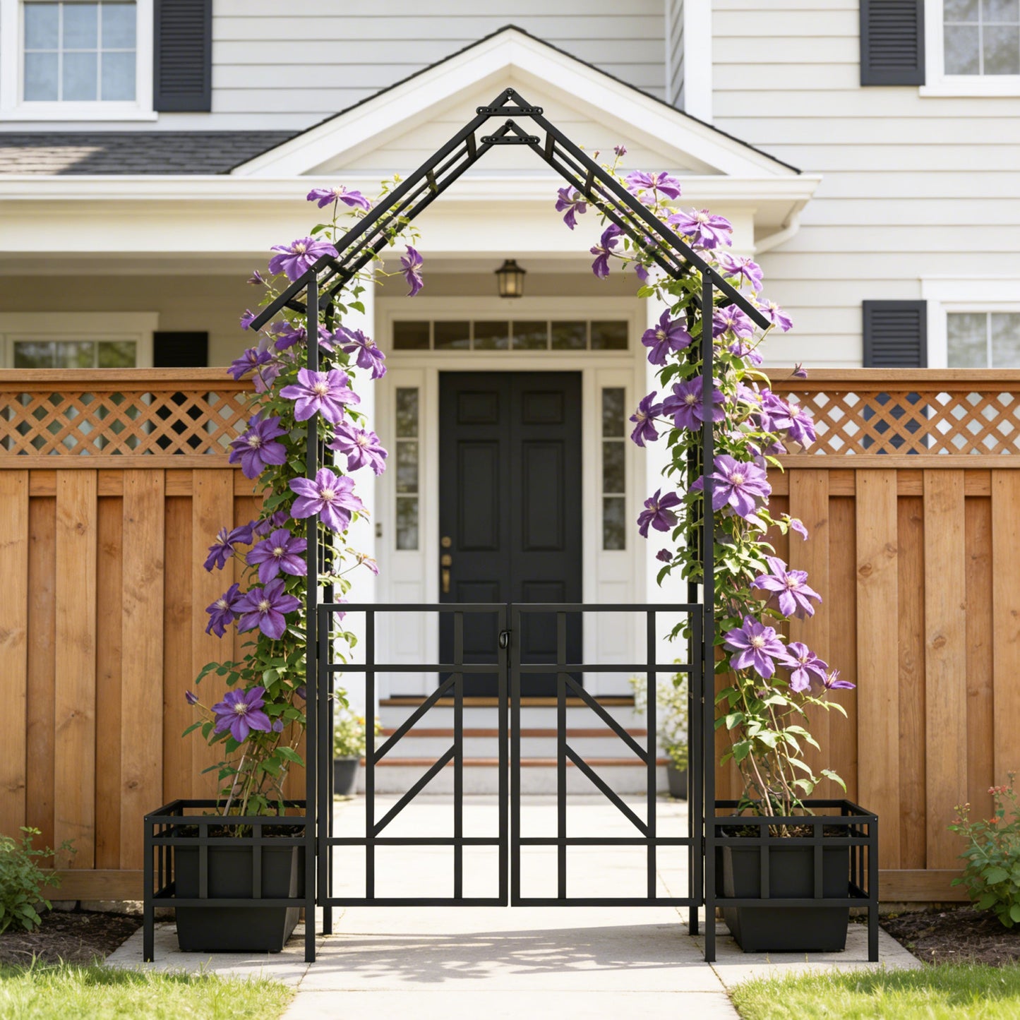Metal Garden Arch with Gate and Planter