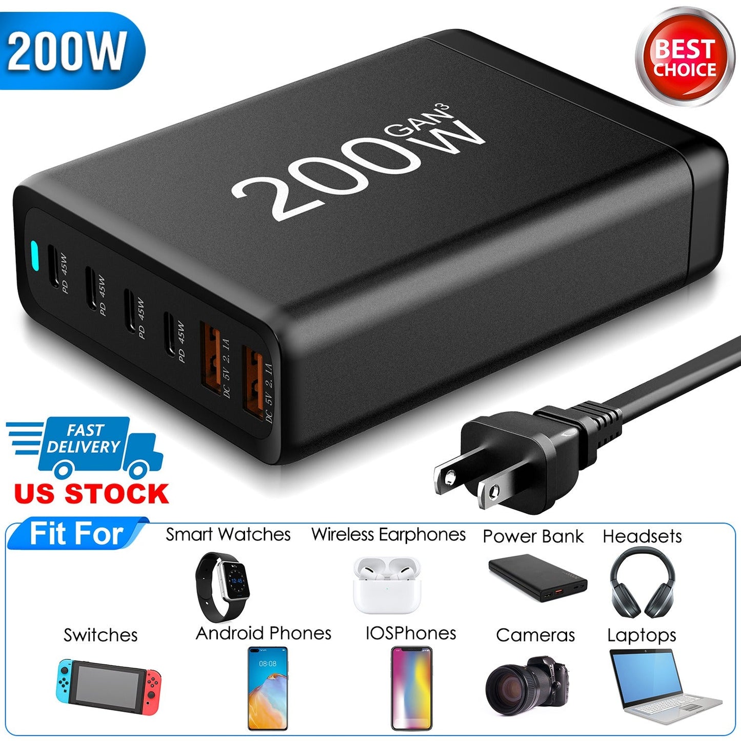 200W GaN Desktop Charger for Laptops and Phones