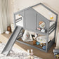 Twin House Bunk Bed with Slide and Storage Shelves
