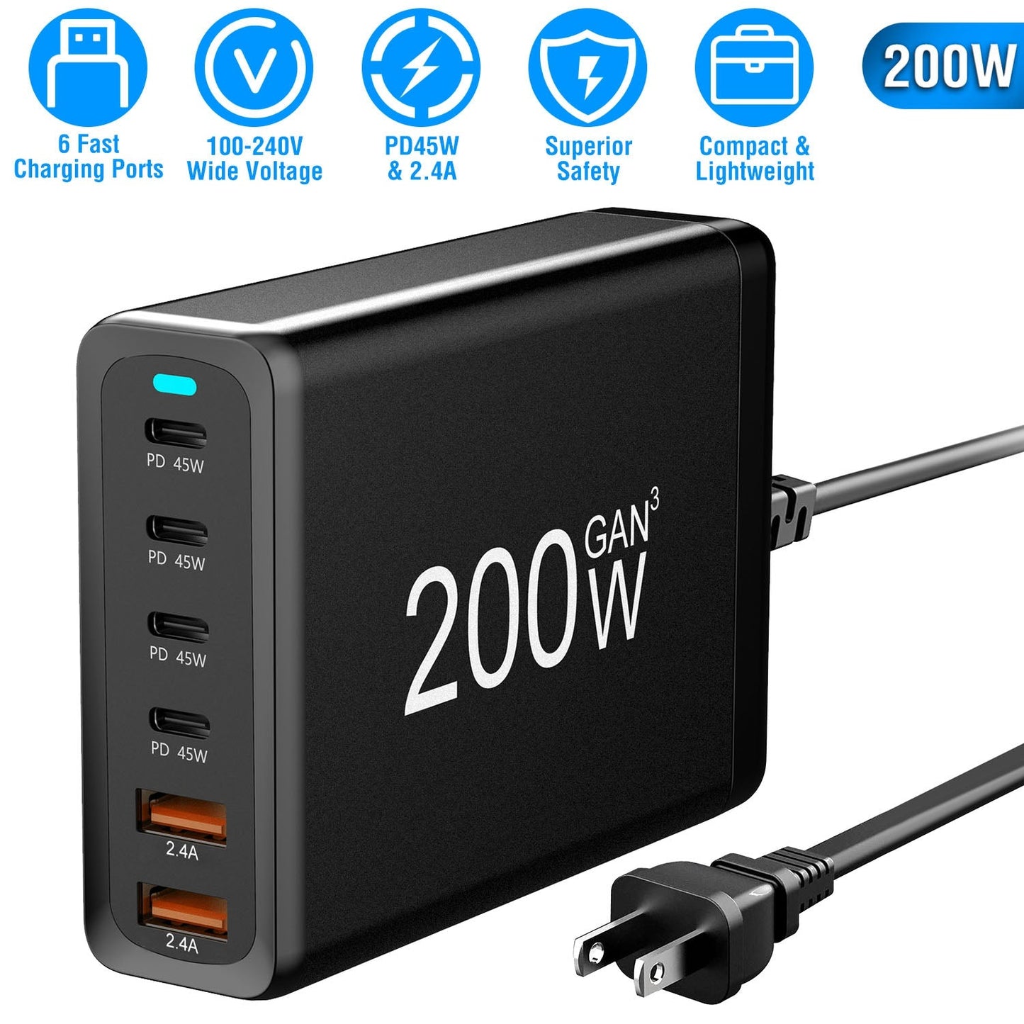 200W GaN Desktop Charger for Laptops and Phones