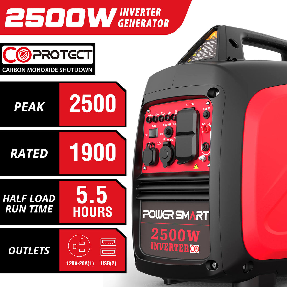 2500W Inverter Gas Generator w/ CO Alert HB5020C