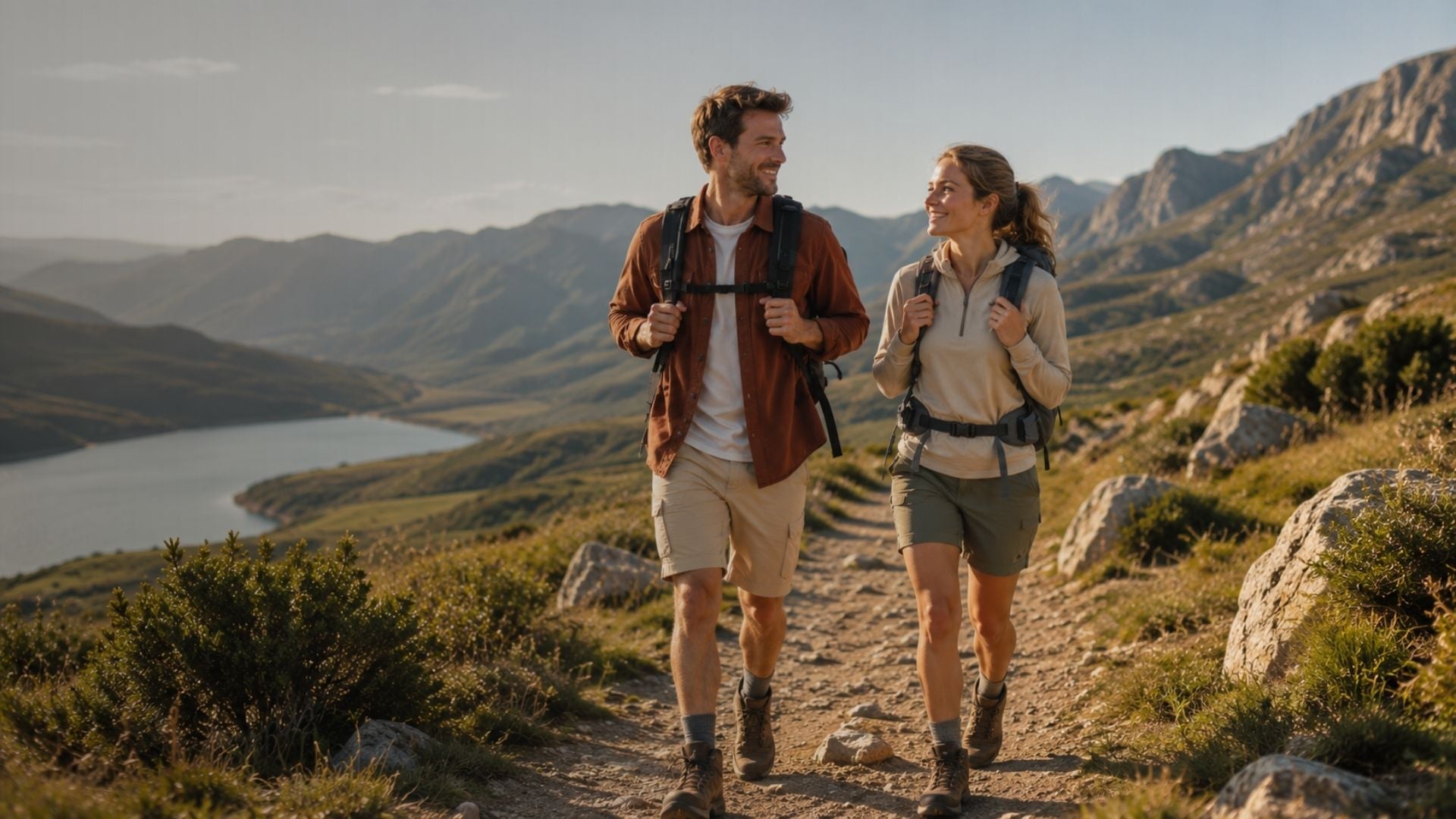 Two hikers walking on a trail with mountains and a lake in the background