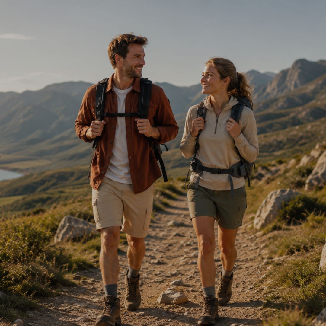 Two hikers walking on a trail with mountains in the background