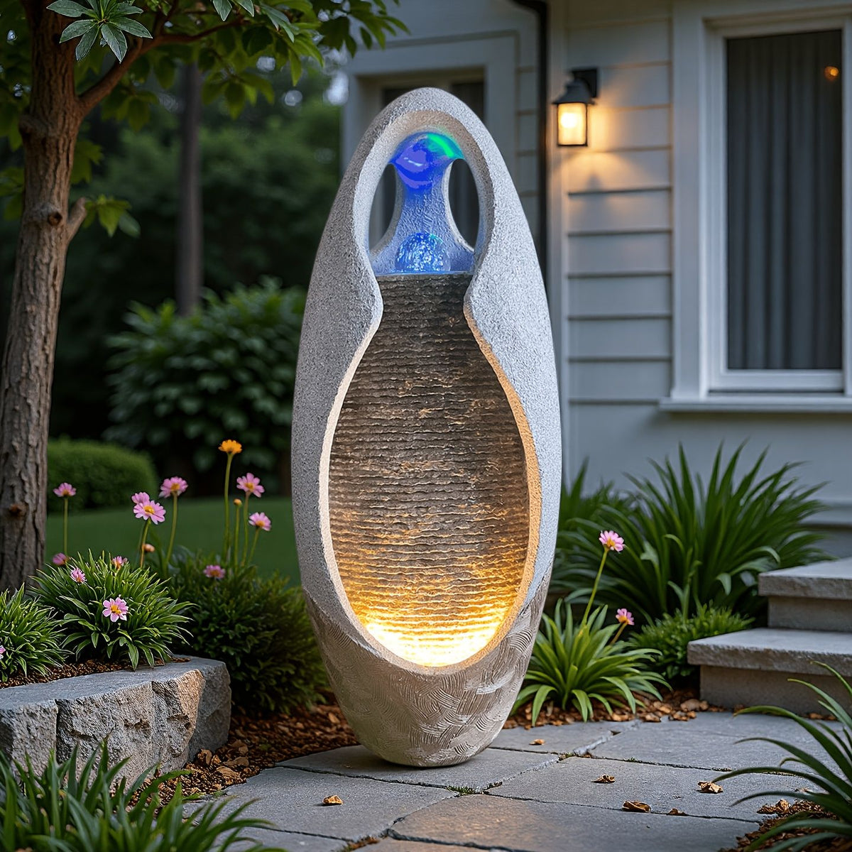 27.6 in Floor-Standing Cobblestone Fountain with Lights