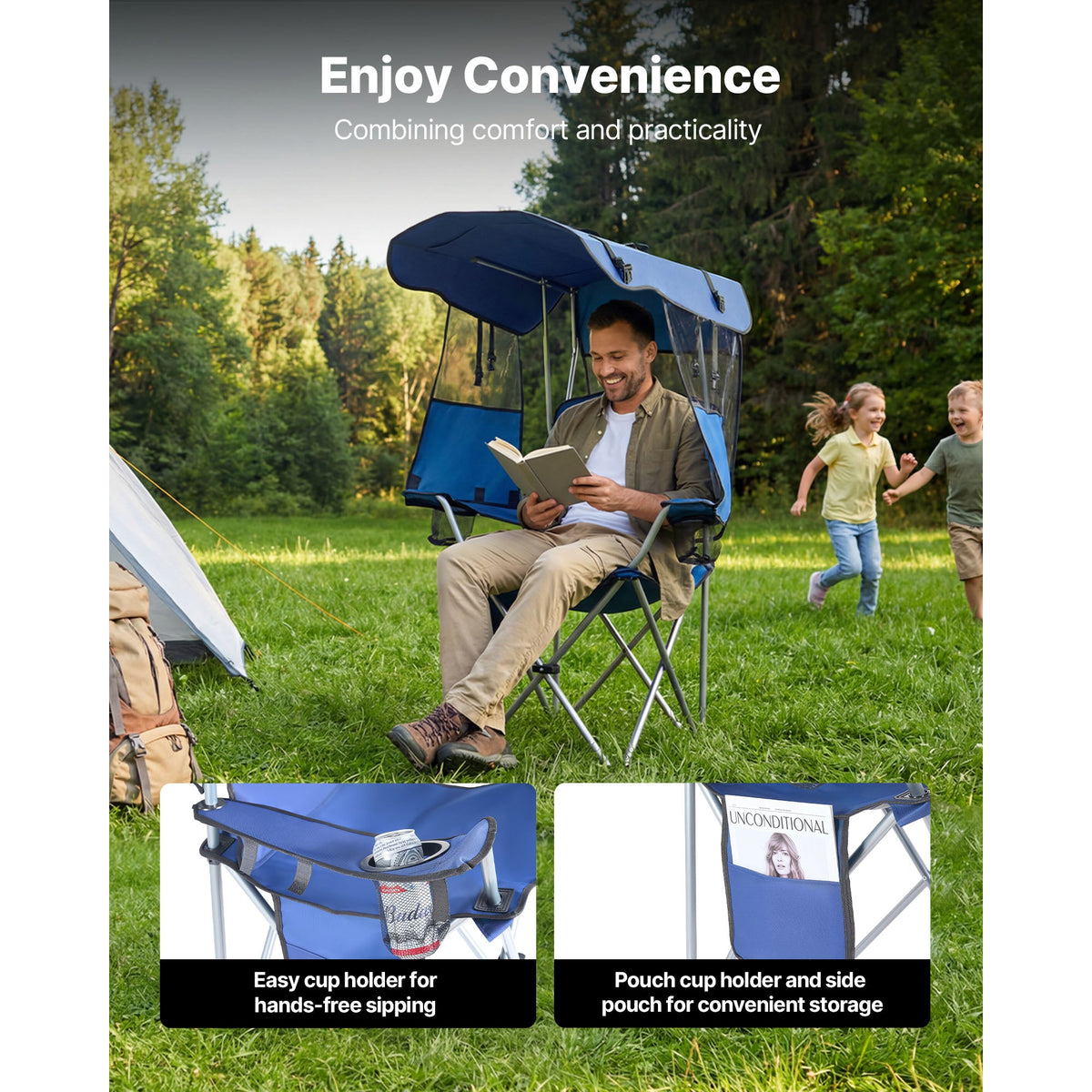VEVOR Folding Camping Chair with Canopy Shade and Cup Holders