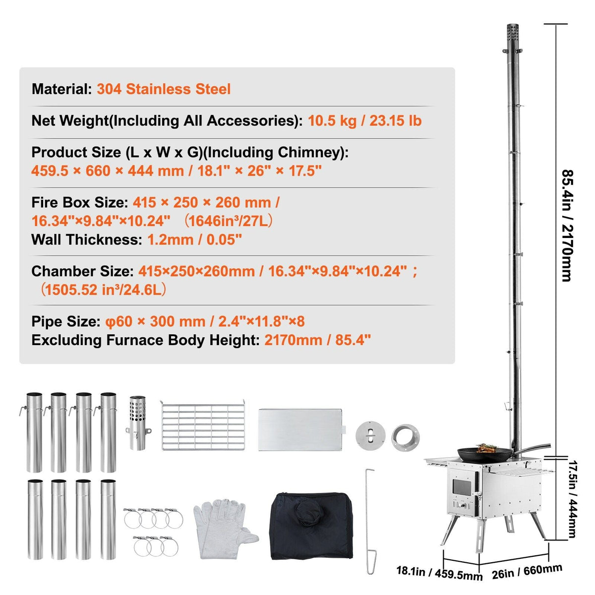 VEVOR Stainless Steel Camping Tent Wood Stove with Chimney Pipes and Gloves