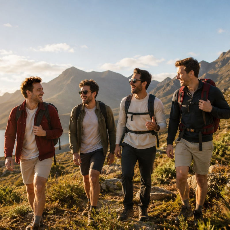 Four men hiking in a mountainous area with backpacks.