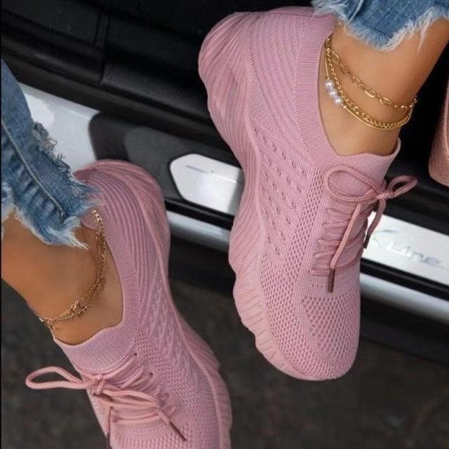 Women's Lightweight Mesh Platform Running Walking Sneakers Lace-Up