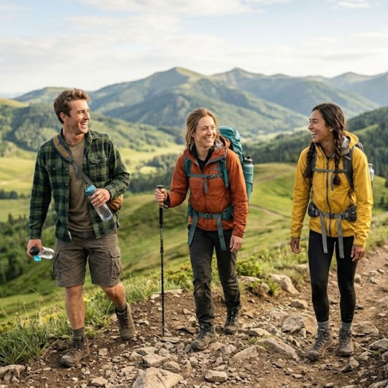 Three people hiking on a trail with mountains in the background