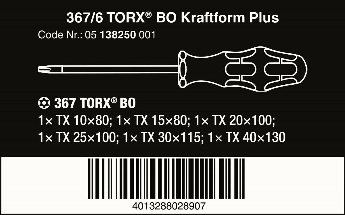 Wera 367/6 BO Kraftform Plus Security TORX® Screwdriver Set 6 Piece 05138250001